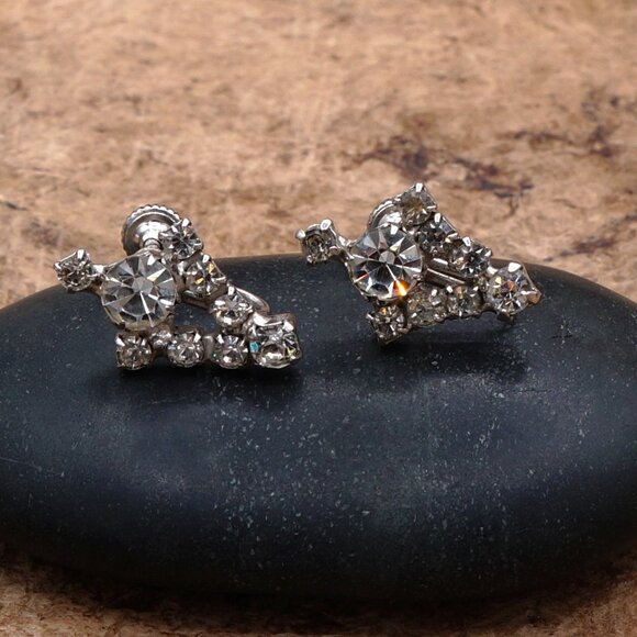 1960 Art Deco Style Chevron Crystal Cluster Stud Earrings Screw Back - Picture 2 of 8